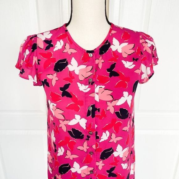 Ann Taylor Women's Pink Butterfly Button Up Short Sleeve Top Blouse Size XXSP - Picture 2 of 14